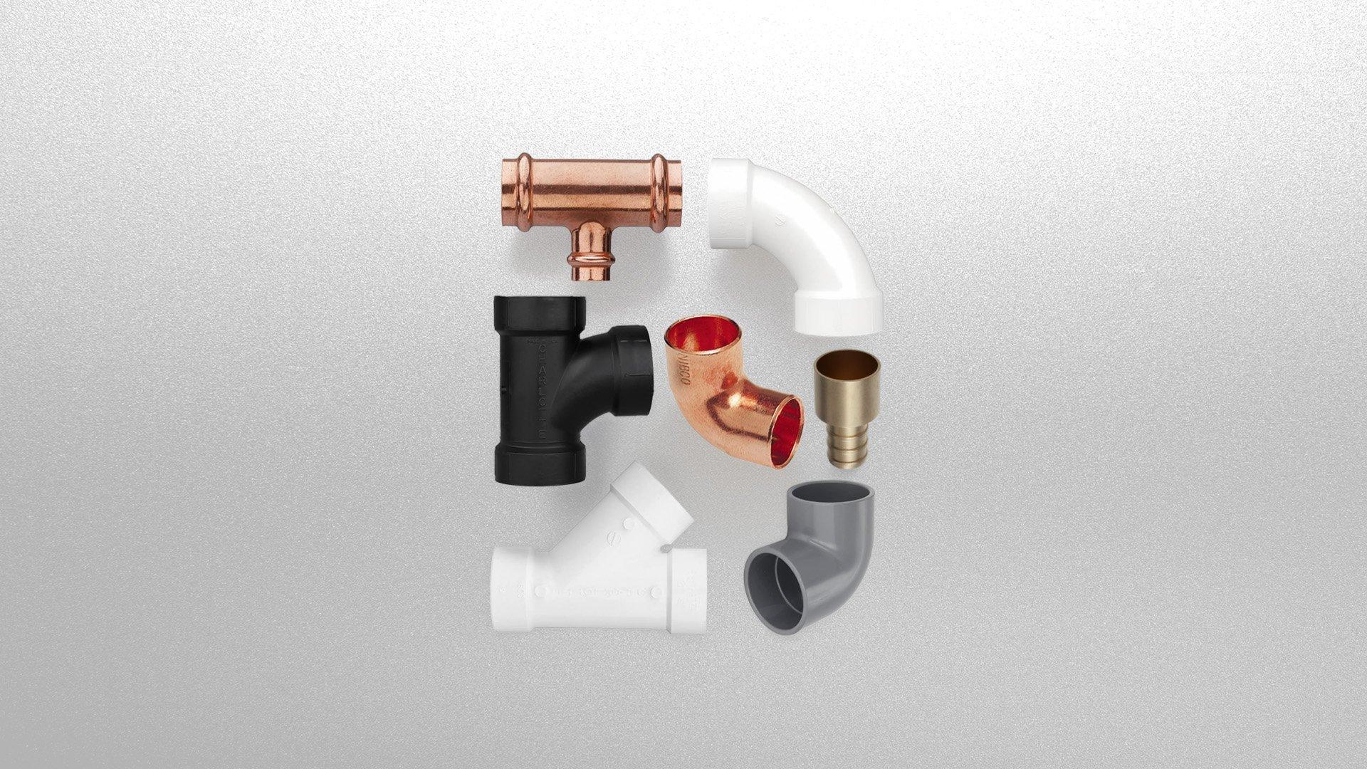 Image collage of pipe fittings includeing PEX, copper and PVC on a textured gray background.